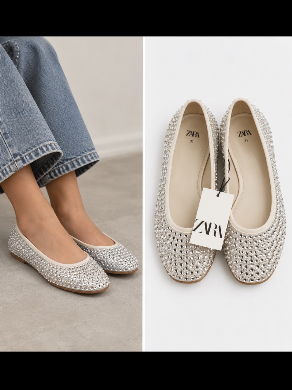 Zara kids NWT rhinestone ballet flats silver